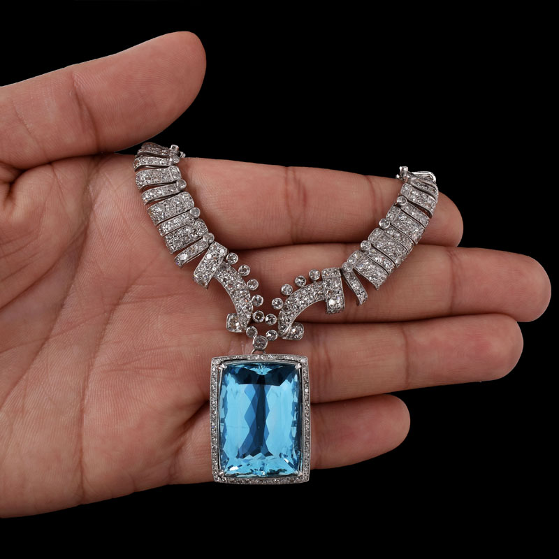 Art Deco Large Aquamarine, Diamond and Platinum Pendant Necklace