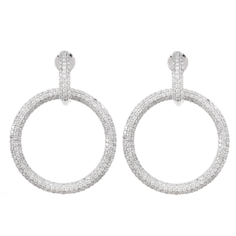 Contemporary Approx. 7.0 Carat Micro Pave Set Round Brilliant Cut Diamond and 14 Karat White Gold Hoop Earrings