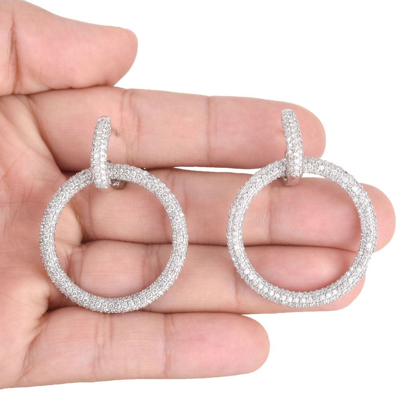 Contemporary Approx. 7.0 Carat Micro Pave Set Round Brilliant Cut Diamond and 14 Karat White Gold Hoop Earrings