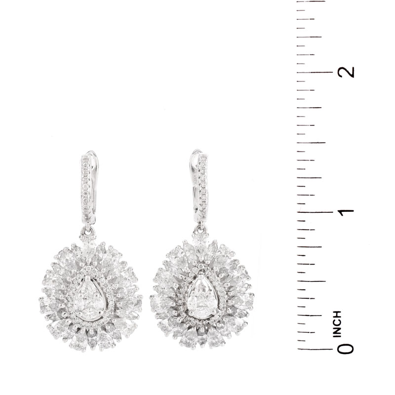 Approx. 6.0 Carat TW Pear Shape and Round Brilliant Cut Diamond and 18 Karat White Gold Pendant Earrings