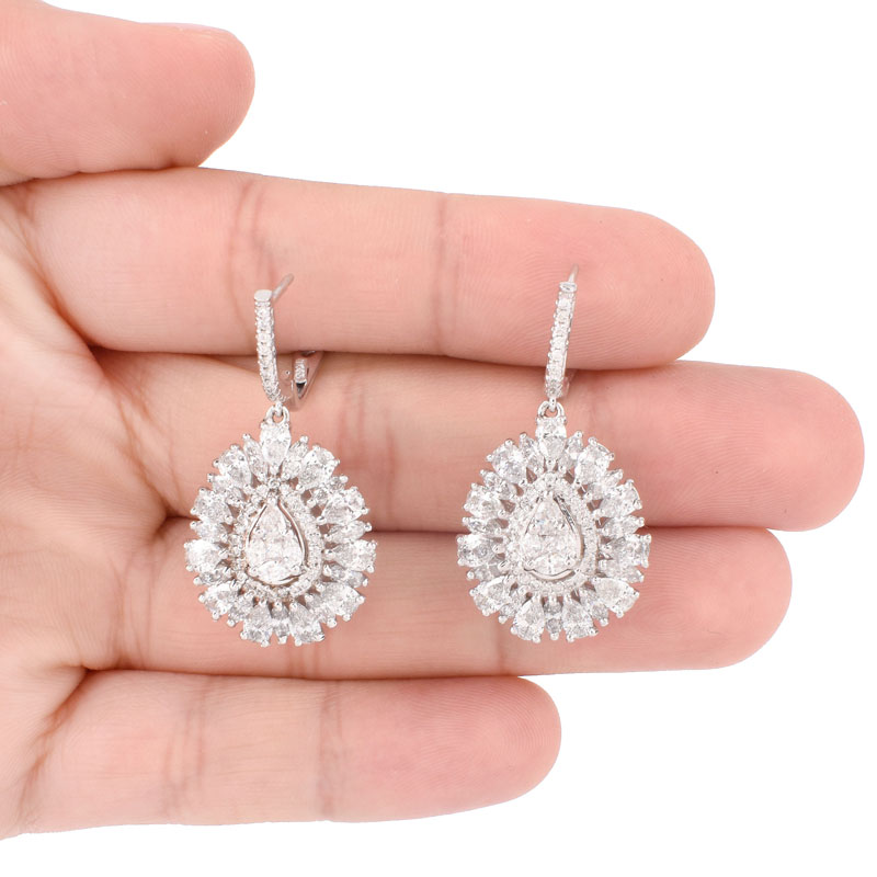 Approx. 6.0 Carat TW Pear Shape and Round Brilliant Cut Diamond and 18 Karat White Gold Pendant Earrings