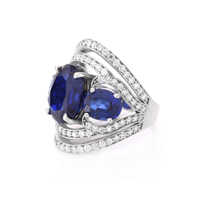 Approx. 10.30 Carat Oval Cut Synthetic Sapphire, 1.20 Carat Round Brilliant Cut Diamond and 18 Karat White Gold Ring