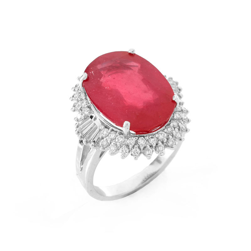 Approx. 11.66 Carat Synthetic Ruby, .75 Carat Round Brilliant and Tapered Baguette Cut Diamond and 18 Karat White Gold Ring