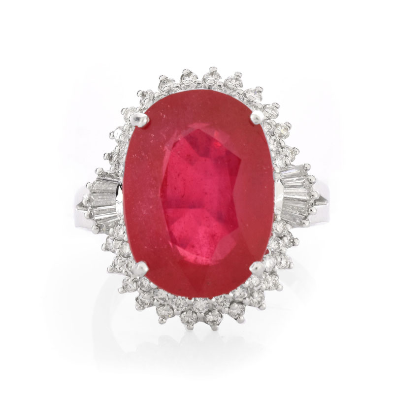 Approx. 11.66 Carat Synthetic Ruby, .75 Carat Round Brilliant and Tapered Baguette Cut Diamond and 18 Karat White Gold Ring