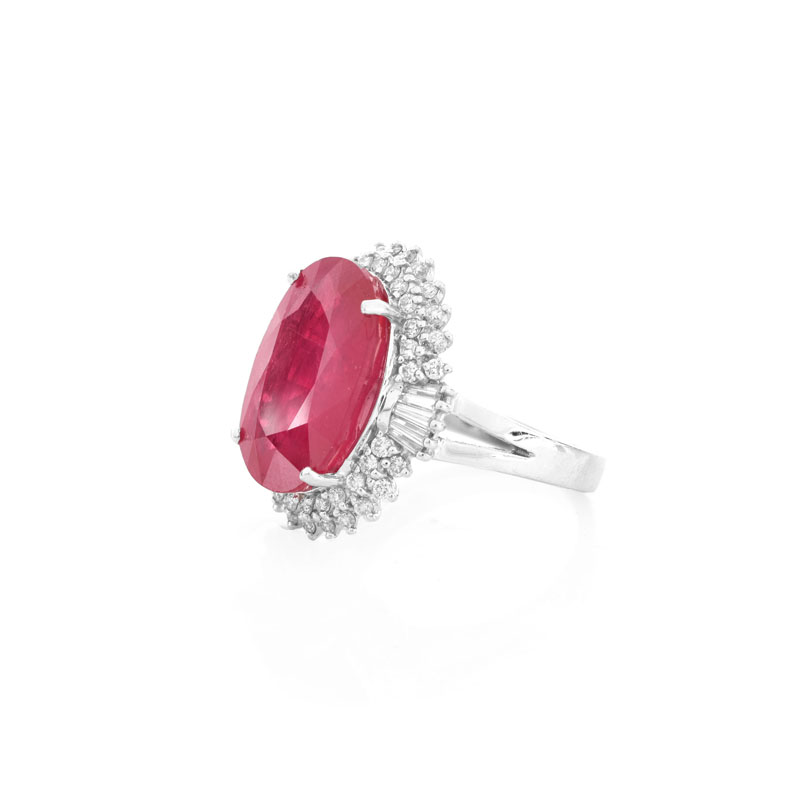 Approx. 11.66 Carat Synthetic Ruby, .75 Carat Round Brilliant and Tapered Baguette Cut Diamond and 18 Karat White Gold Ring