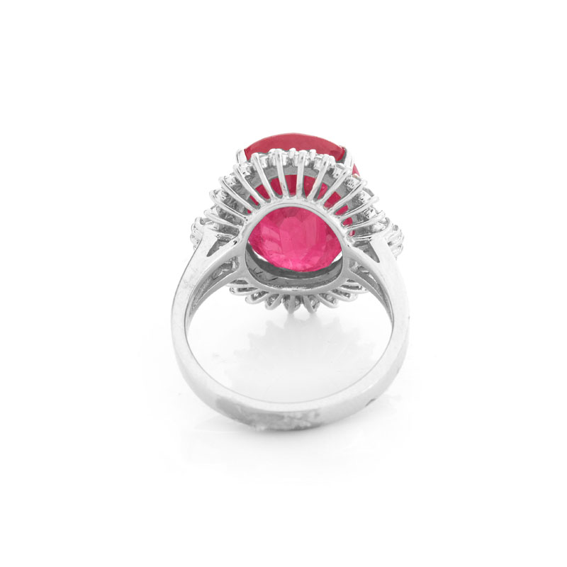 Approx. 11.66 Carat Synthetic Ruby, .75 Carat Round Brilliant and Tapered Baguette Cut Diamond and 18 Karat White Gold Ring