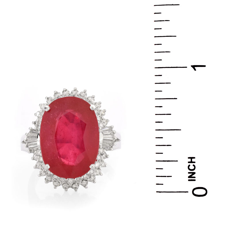 Approx. 11.66 Carat Synthetic Ruby, .75 Carat Round Brilliant and Tapered Baguette Cut Diamond and 18 Karat White Gold Ring