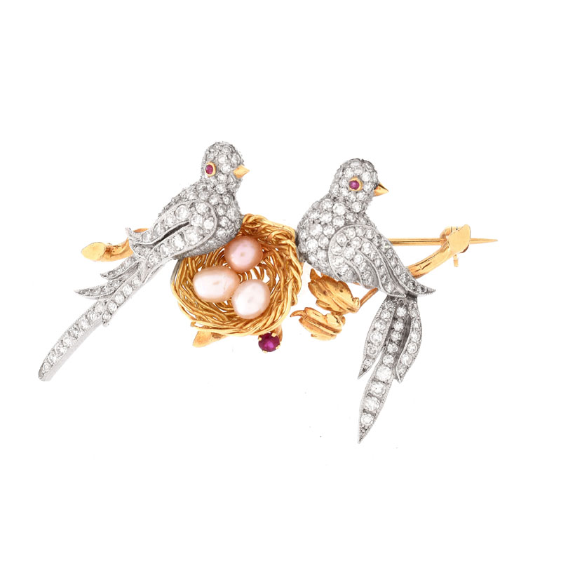 Possibly Vintage Van Cleef & Arpels Pave Set Diamond, Ruby and Pearl Nesting Bird Brooch