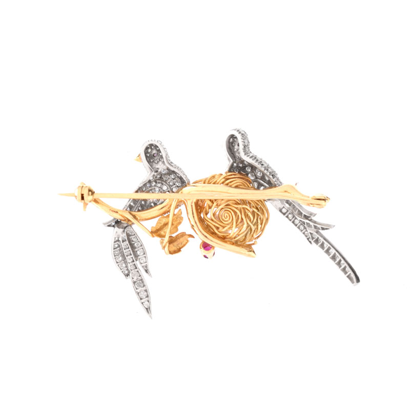 Possibly Vintage Van Cleef & Arpels Pave Set Diamond, Ruby and Pearl Nesting Bird Brooch