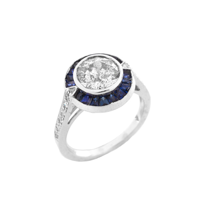 Vintage Approx. 2.0 Carat Old European Cut Diamond, Caliber Cut Sapphire and Diamond Engagement Ring