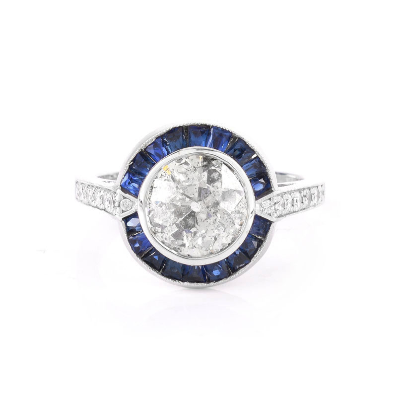 Vintage Approx. 2.0 Carat Old European Cut Diamond, Caliber Cut Sapphire and Diamond Engagement Ring