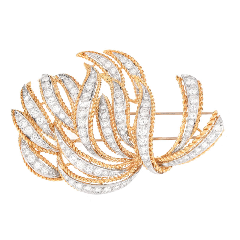 Large Approx. 5.75 Carat Round Brilliant Cut Diamond, Platinum and 18 Karat Yellow Gold Brooch