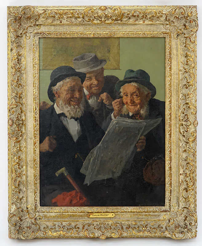 Louis Muller (19/20th C.) Oil on Canvas, Old Men Reading Newspaper