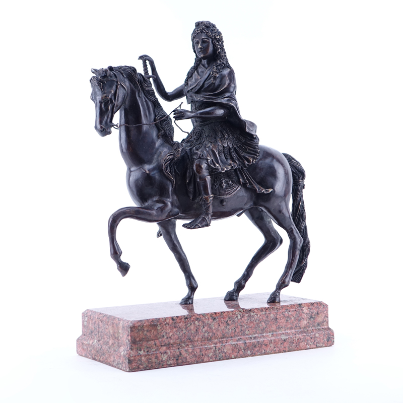 A Bronze Sculpture, Female on Horseback with Sword, Mounted on Marble Base