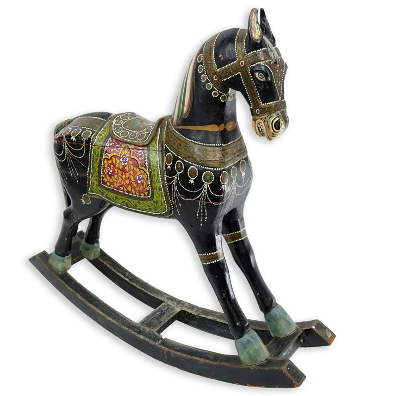 Large Mid Century Indian Wood Carved and Painted Rocking Horse