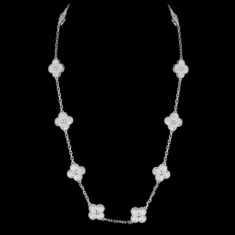 Van Cleef & Arpels Style Diamond and 18 Karat White Gold "Alhambra" Necklace