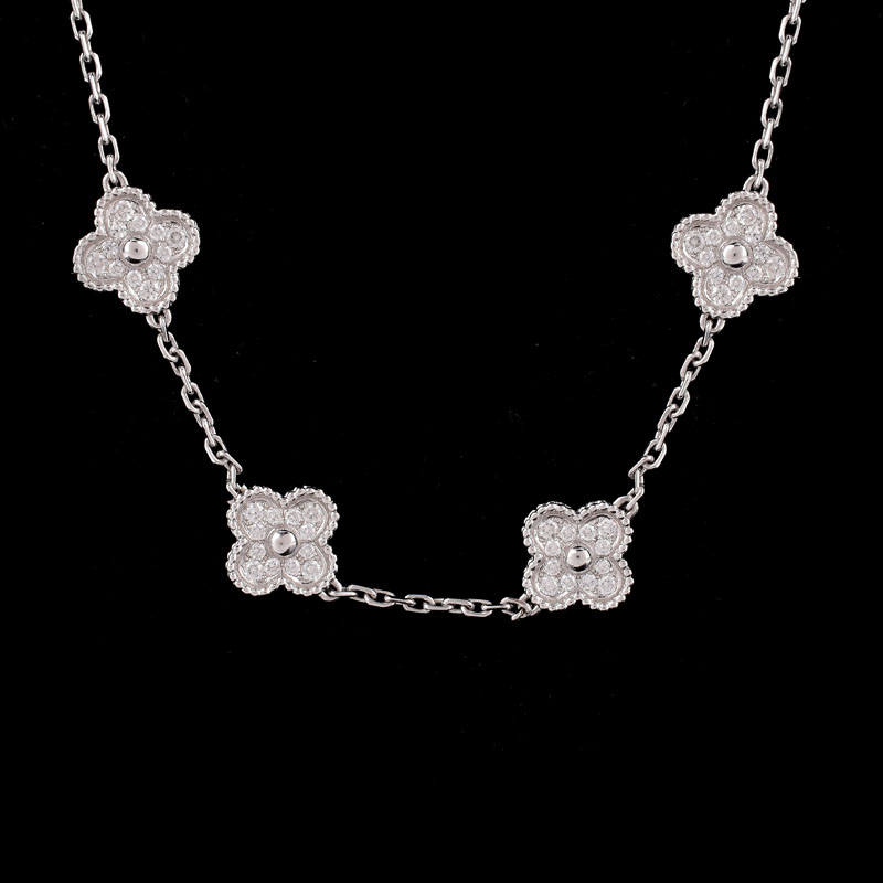 Van Cleef & Arpels Style Diamond and 18 Karat White Gold "Alhambra" Necklace