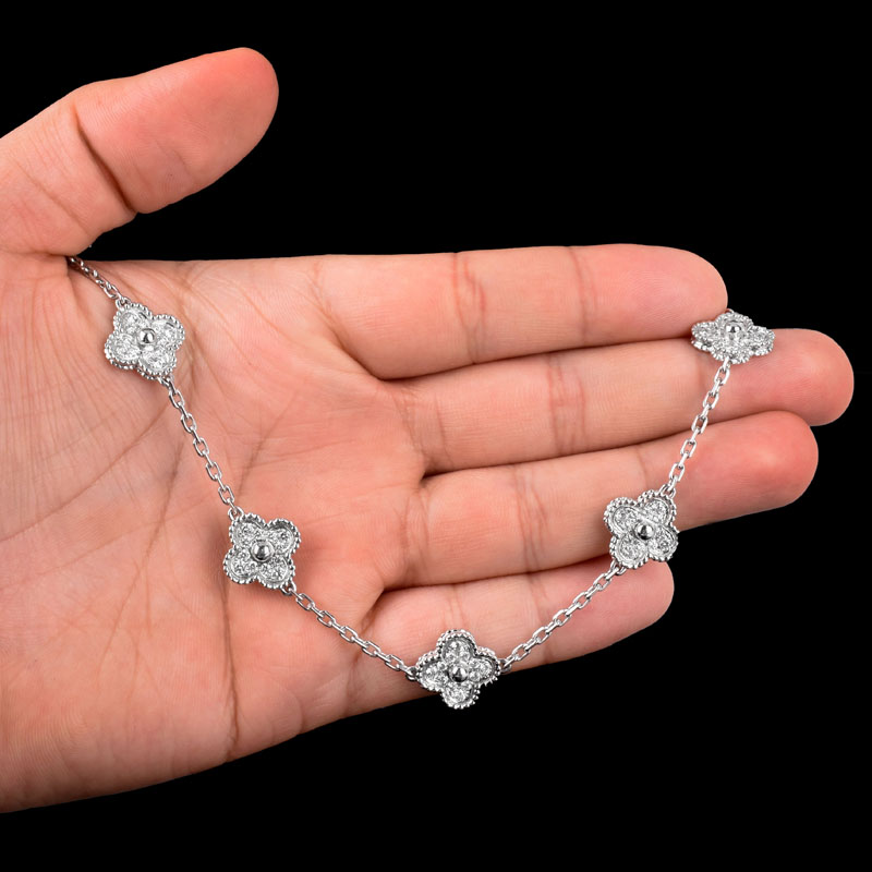 Van Cleef & Arpels Style Diamond and 18 Karat White Gold "Alhambra" Necklace