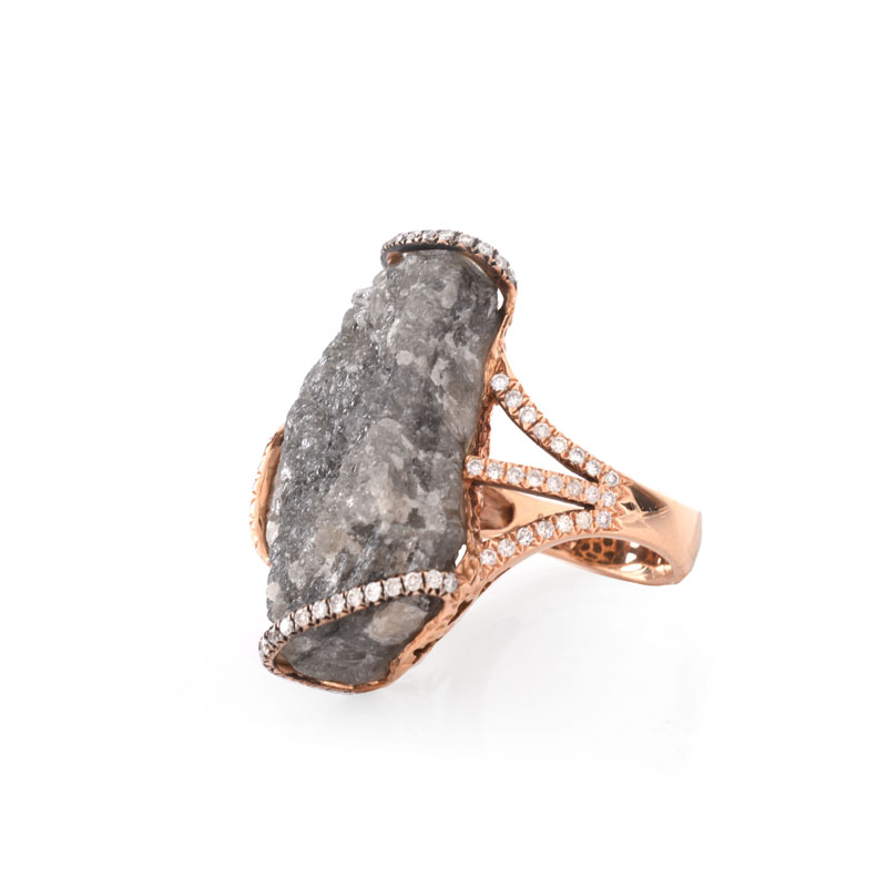 52.69 Carat Rough Diamond, .76 Carat Round Brilliant Cut Diamond and 18 Karat Rose Gold Ring