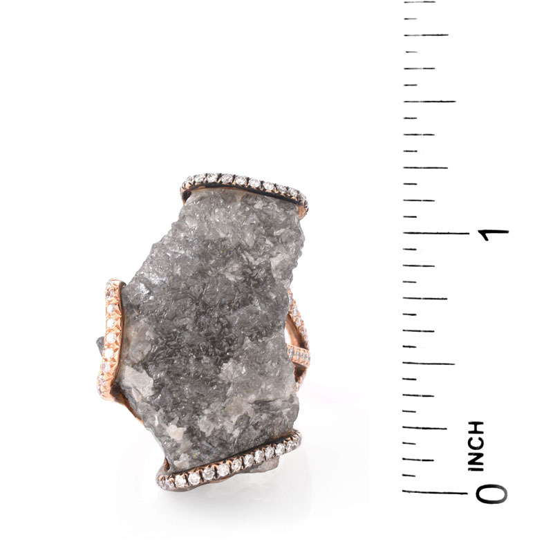 52.69 Carat Rough Diamond, .76 Carat Round Brilliant Cut Diamond and 18 Karat Rose Gold Ring