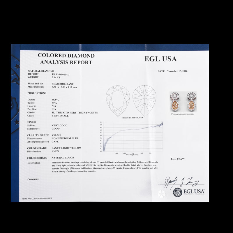 EGL Certified 2.04 Carat TW Fancy Light Yellow Diamond, .75 Carat Round Brilliant Cut Diamond and Platinum Earrings