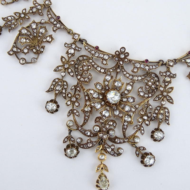 Museum Quality Large 19th Century Turkey Late Ottoman Rose Cut and Old Mine Cut Diamond, Ruby and Yellow Gold Necklace