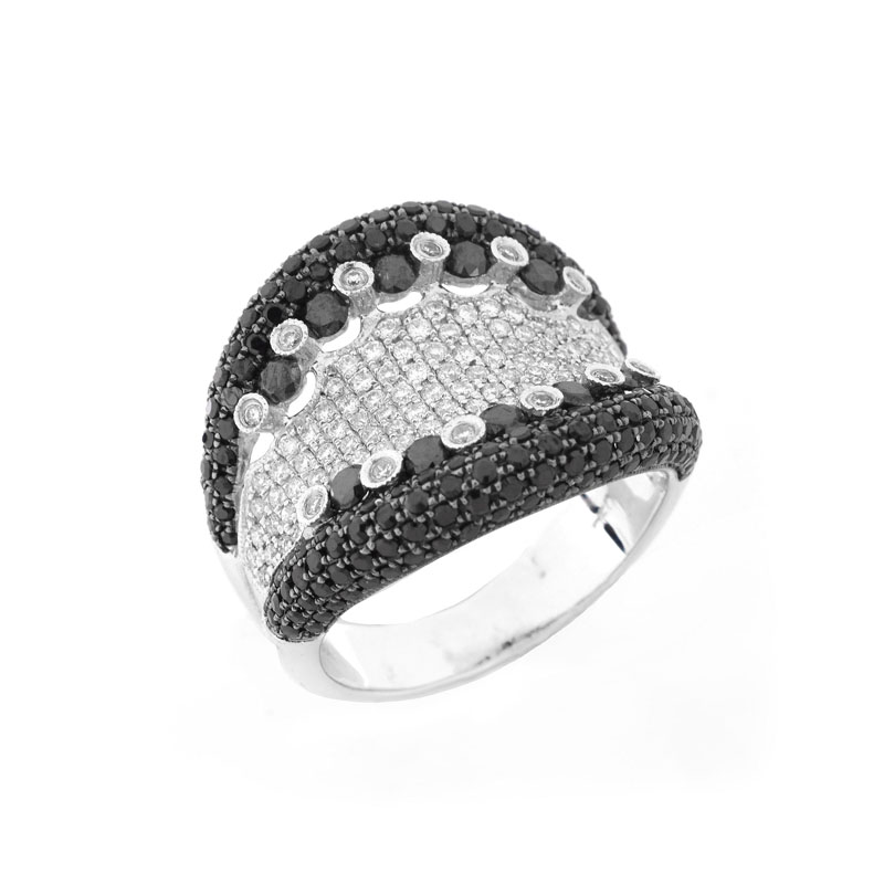 Contemporary Approx. 3.15 Carat Pave Set Black Diamond, .53 Carat Pave Set White Diamond and 18 Karat White Gold Ring