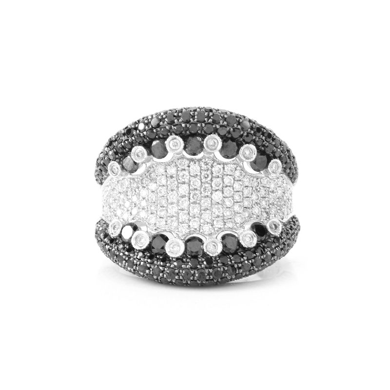 Contemporary Approx. 3.15 Carat Pave Set Black Diamond, .53 Carat Pave Set White Diamond and 18 Karat White Gold Ring