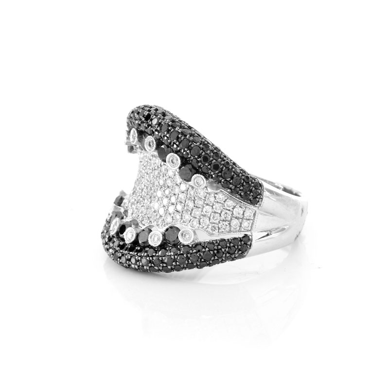 Contemporary Approx. 3.15 Carat Pave Set Black Diamond, .53 Carat Pave Set White Diamond and 18 Karat White Gold Ring