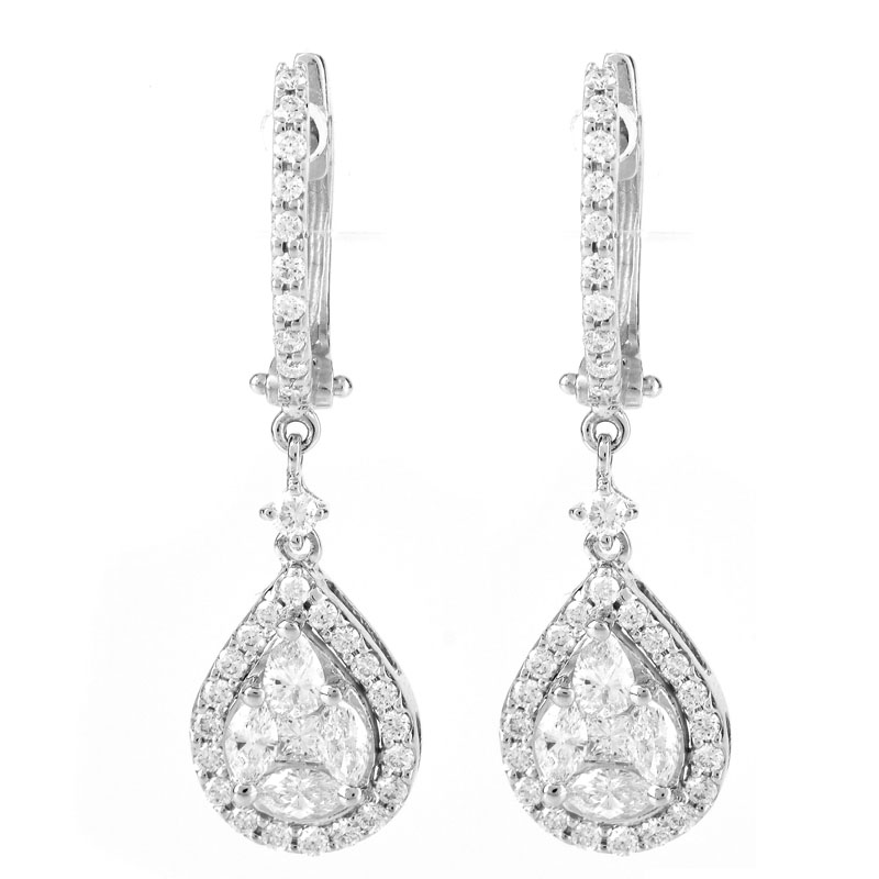 Contemporary Approx. 1.65 Carat Round Brilliant Cut Diamond and 14 Karat White Gold Pendant Earrings