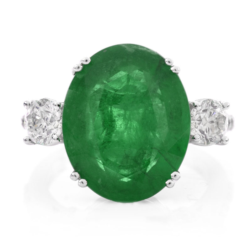 AGL Certified 7.34 Carat Oval Cut Brazilian Emerald, .80 Carat Diamond and 14 Karat White Gold Ring