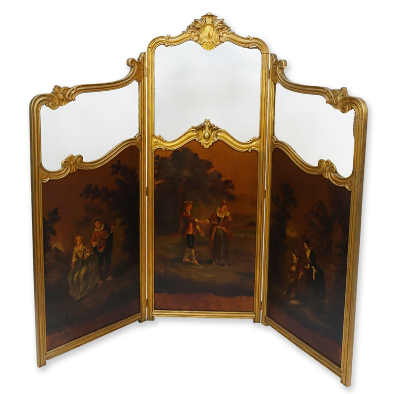 19/20th Century Probably French Carved and Giltwood Folding Screen with Painted Panels and Beveled Glass