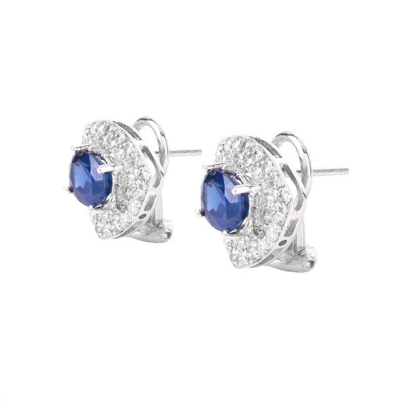 Approx. 3.25 Carat Oval Cut Sapphire, 1.15 carat Pave Set Round Brilliant Cut Diamond and 18 Karat White Gold Earrings