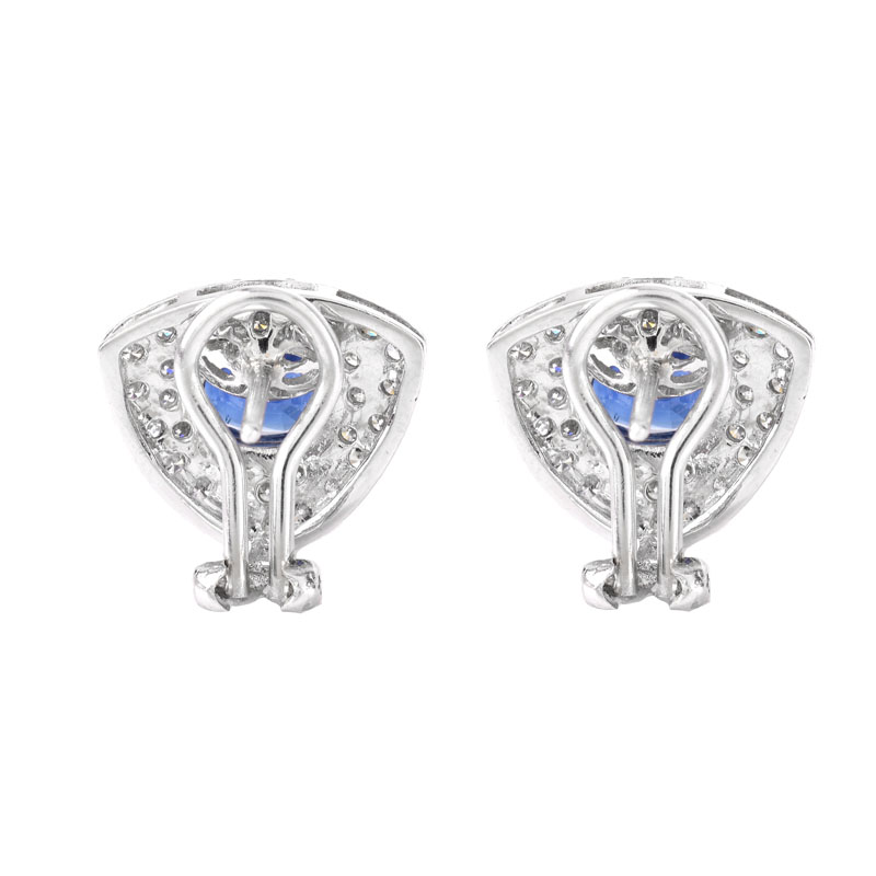 Approx. 3.25 Carat Oval Cut Sapphire, 1.15 carat Pave Set Round Brilliant Cut Diamond and 18 Karat White Gold Earrings