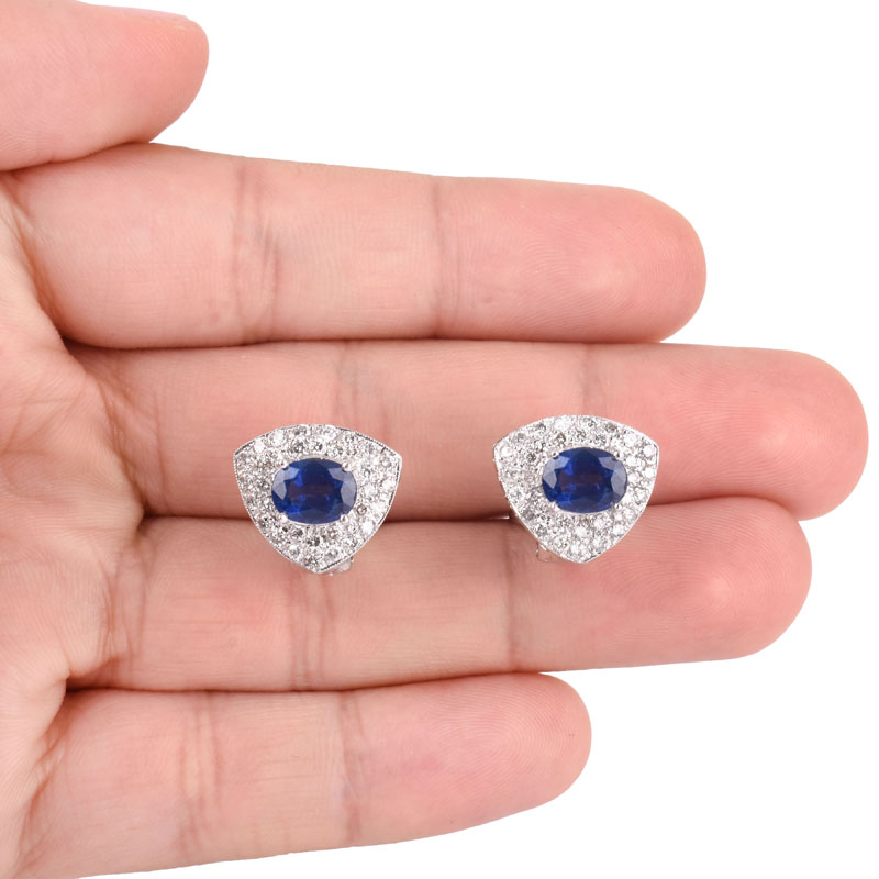 Approx. 3.25 Carat Oval Cut Sapphire, 1.15 carat Pave Set Round Brilliant Cut Diamond and 18 Karat White Gold Earrings