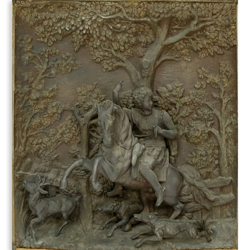 19/20th Century Bronze High Relief Plaque of a Figural Hunting Scene in Upholstered Frame