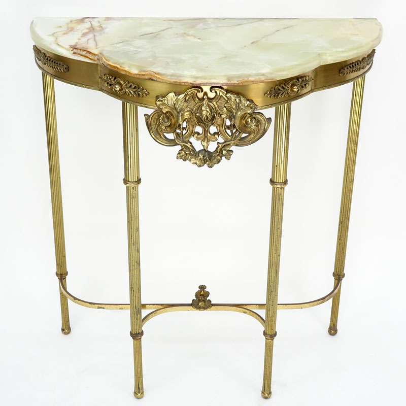 Neoclassical Style Gilt Metal Half Moon Console Table with Onyx Top