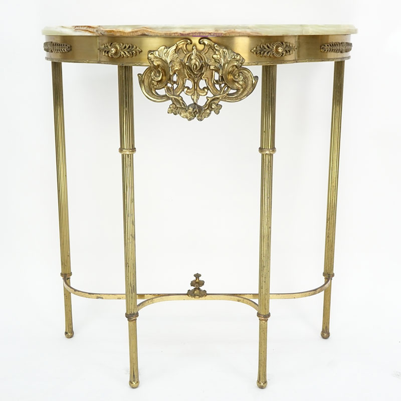 Neoclassical Style Gilt Metal Half Moon Console Table with Onyx Top