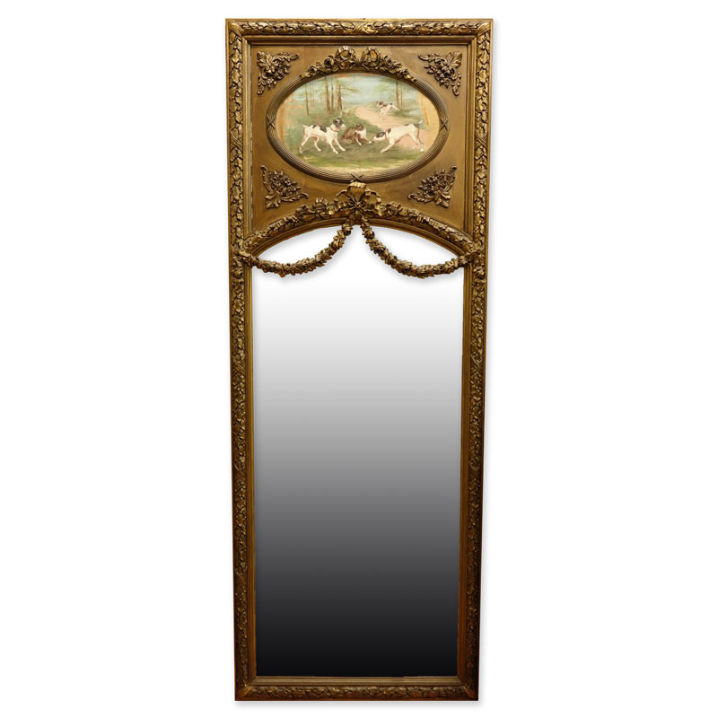 Large Louis XVI Style Gilt Carved Trumeau Mirror with Oil on Canvas Depicting Animals