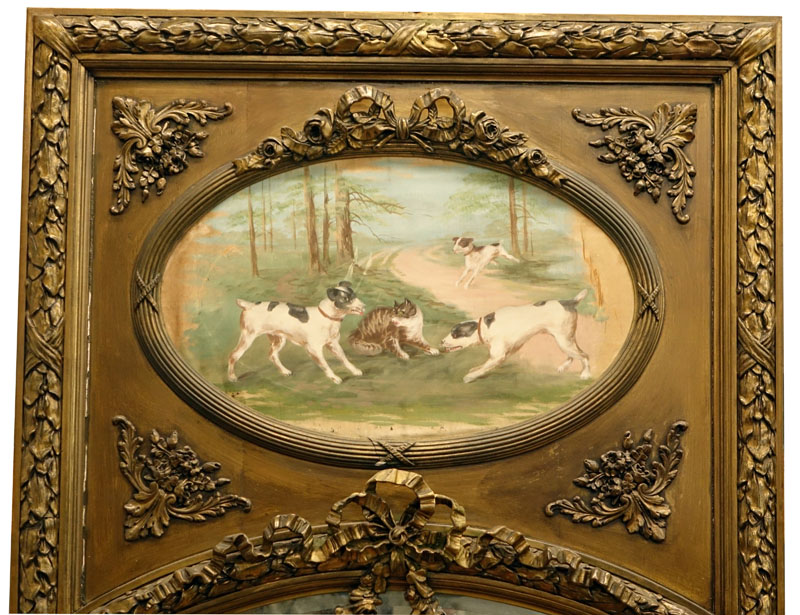 Large Louis XVI Style Gilt Carved Trumeau Mirror with Oil on Canvas Depicting Animals