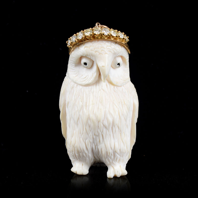 Vintage Approx. .75 Carat Round Brilliant Cut Diamond and 14 Karat Yellow Gold Mounted Carved Ivory Owl Pendant