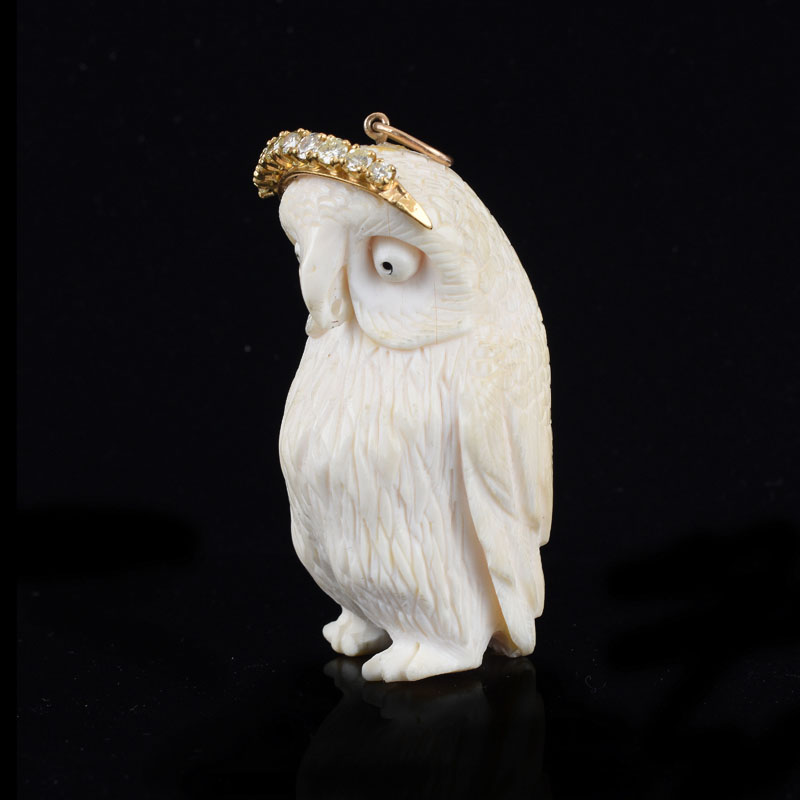 Vintage Approx. .75 Carat Round Brilliant Cut Diamond and 14 Karat Yellow Gold Mounted Carved Ivory Owl Pendant