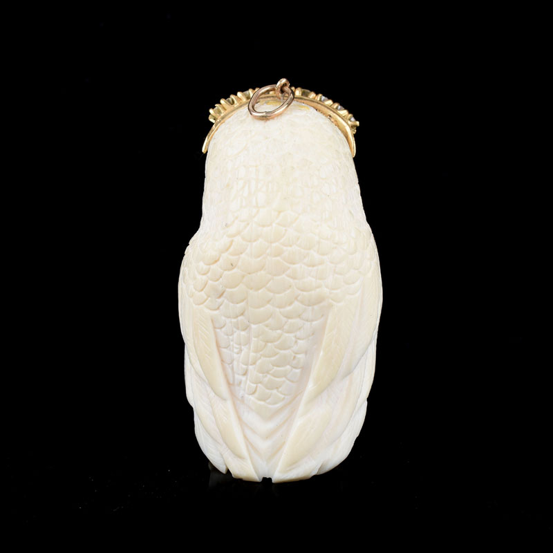 Vintage Approx. .75 Carat Round Brilliant Cut Diamond and 14 Karat Yellow Gold Mounted Carved Ivory Owl Pendant