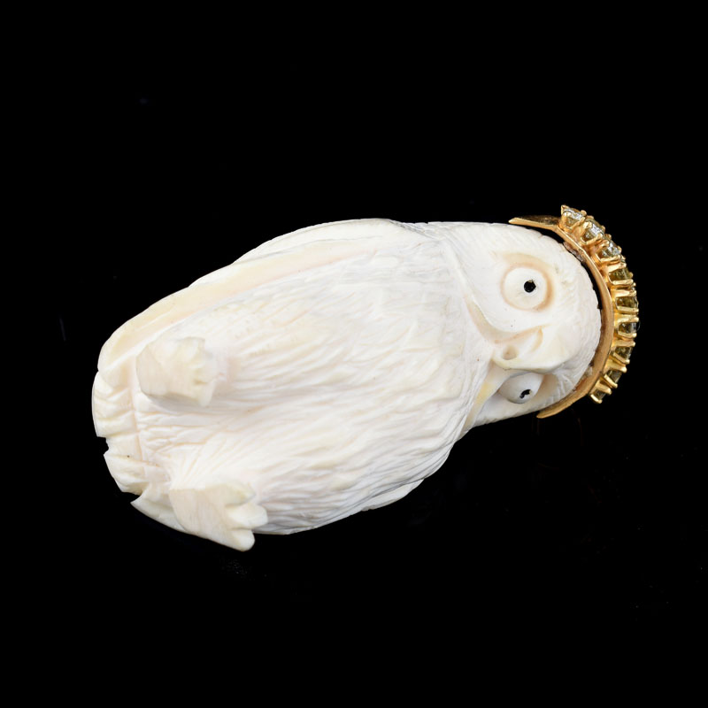 Vintage Approx. .75 Carat Round Brilliant Cut Diamond and 14 Karat Yellow Gold Mounted Carved Ivory Owl Pendant