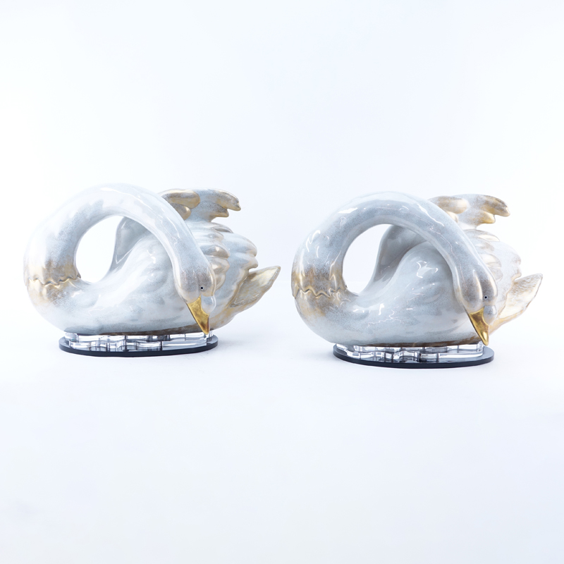 Pair of Mangani for Oggetti, Italian Gilt Porcelain Swan Figurines on Lucite Bases