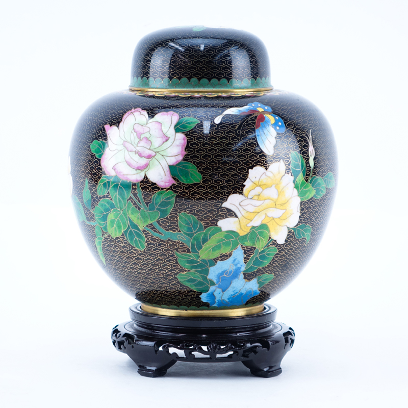 20th Century Chinese Black and Floral Cloisonné Ginger Jar on Wooden Stand