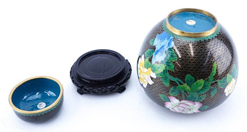 20th Century Chinese Black and Floral Cloisonné Ginger Jar on Wooden Stand