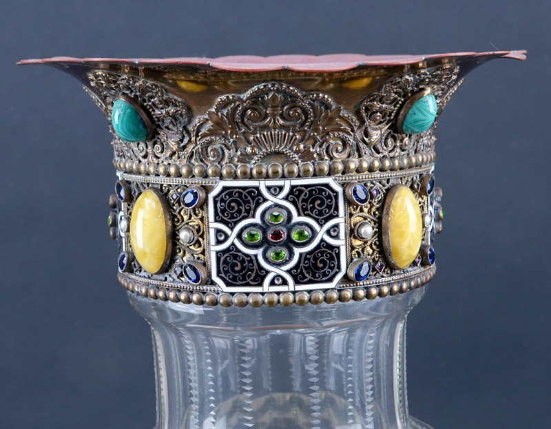 Antique Persian Influences Glass Vase With Cloisonné Bronze Mounting Inset With Gemstones