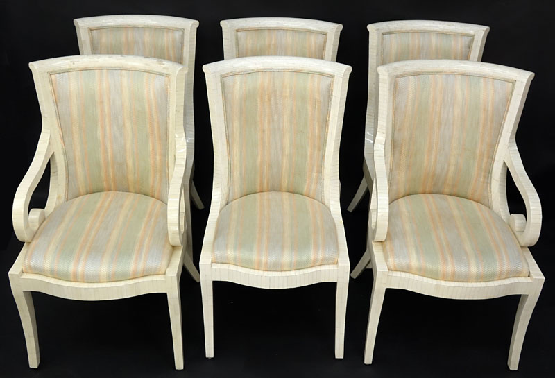 Set of Six (6) Mid Century Modern Tassellated Bone and Upholstered Dining Chairs Attributed to Karl Springer