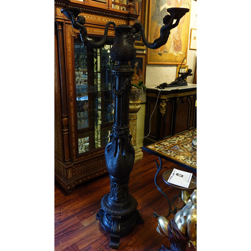 20th Century Empire Style Bronze Three Arm Figural Torchiere